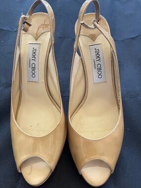 Jimmy Choo Beige Patent Peep-Toe Slingback Heels